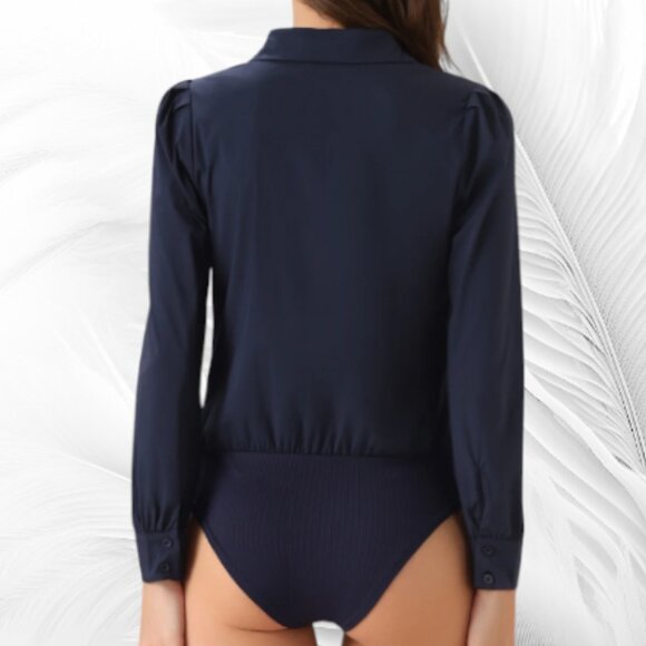 Navy Long Sleeve Button-Up Bodysuit Shirt – Size L - Picture 2 of 9
